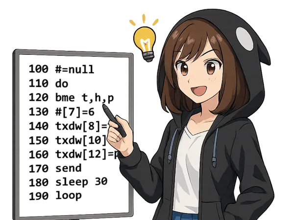 ろらたんがホワイトボードで行番号プログラムを指してる画像
